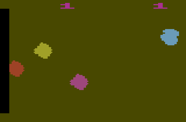 Asteroids Atari 2600 Screenshot: Starting screen; the colors randomly change as a sort of screen saver.