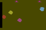 Asteroids for Atari 2600 - Starting screen; the colors randomly change as a sort of screen saver.