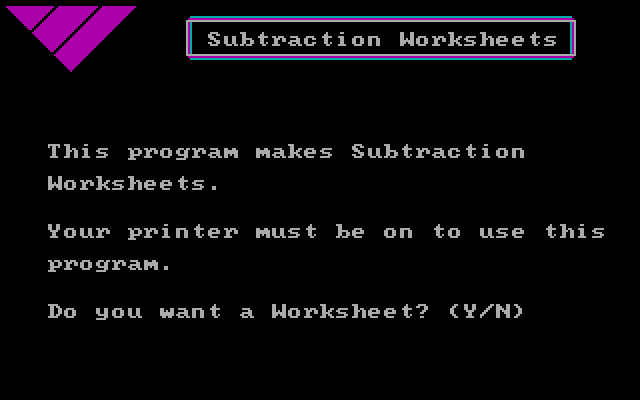 Math Drills IBM PC/Compatibles Screenshot: Subtraction Worksheets introduction.