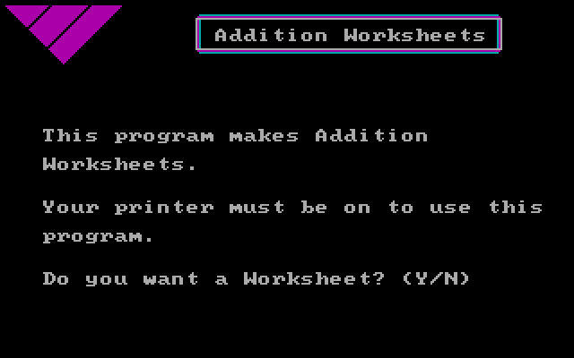 Math Drills IBM PC/Compatibles Screenshot: Addition Worksheets introduction.