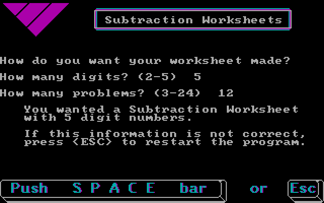 Math Drills IBM PC/Compatibles Screenshot: Setting subtraction options.