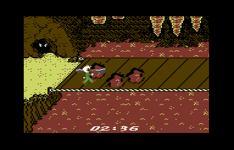 Howard the Duck Commodore 64 Screenshot: When crossing the bridge you need to avoid falling into the lava.