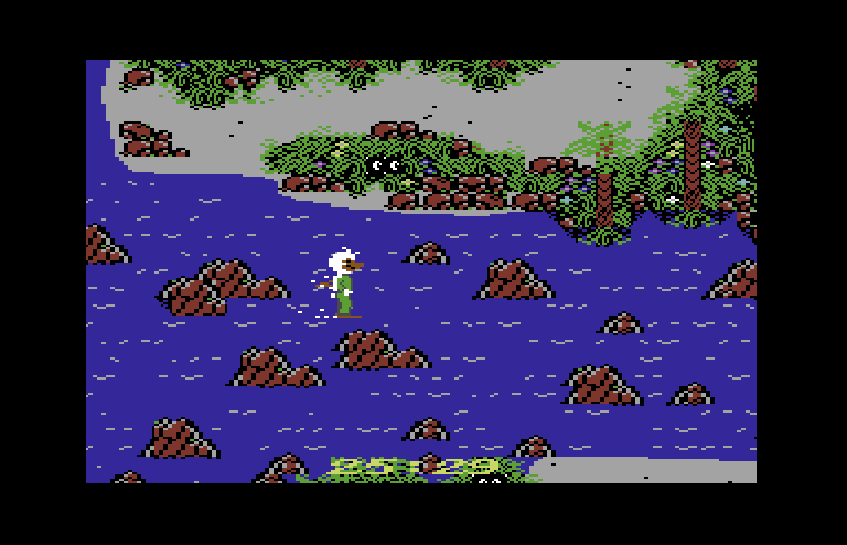 Howard the Duck Commodore 64 Screenshot: Using the backpack you can fly across the water.