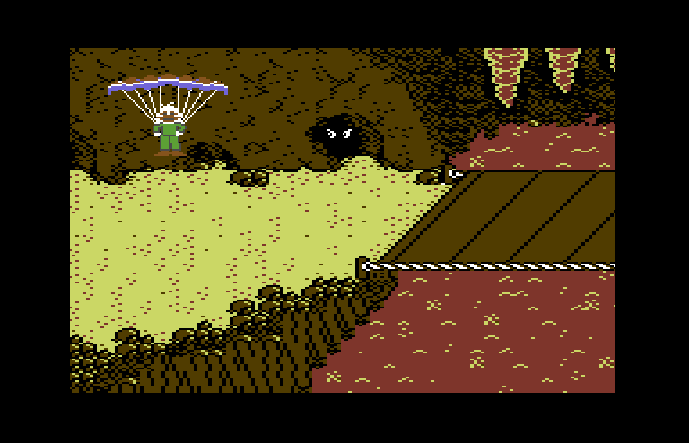 Howard the Duck Commodore 64 Screenshot: Parachute in to the volcano sequence.