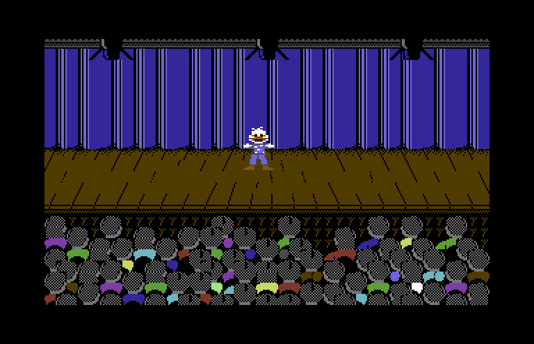 Howard the Duck Commodore 64 Screenshot: Introduction; Howard dances on stage...