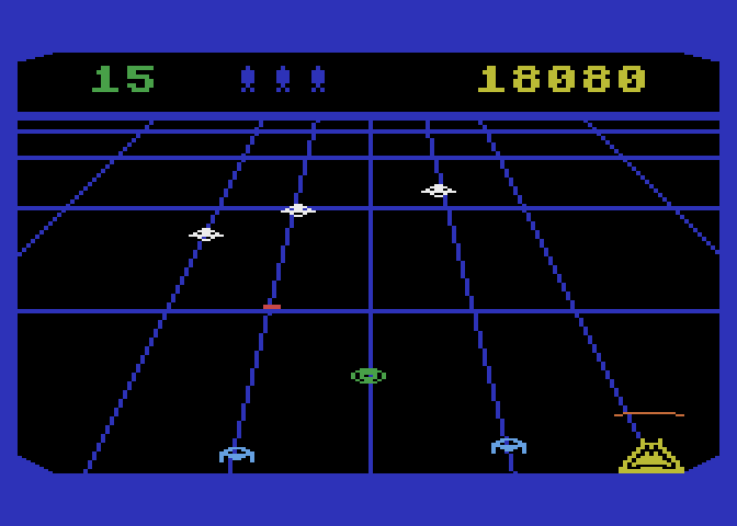 Beamrider Atari 5200 Screenshot: Uh oh, I'm temporarily trapped in the corner!