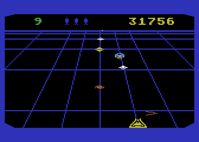 Beamrider Atari 5200 Screenshot: Many types of enemies attack at once on later levels.