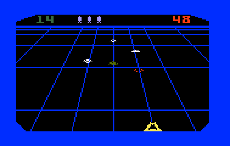 Beamrider Intellivision Screenshot: The debris (on the middle beam) can't be destroyed by laser lariats...