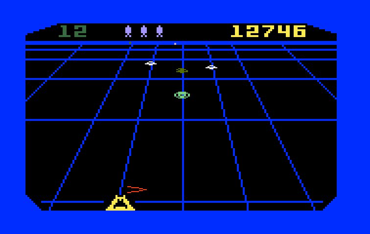 Beamrider Intellivision Screenshot: The green bouncer ship moves rapidly across the screen...
