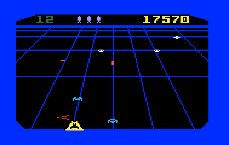 Beamrider Intellivision Screenshot: Shoot the blue ships before they become stuck at the bottom of the screen.