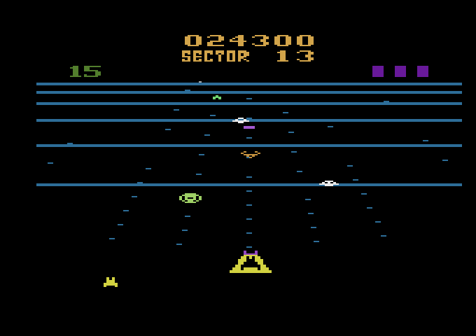 Beamrider Atari 2600 Screenshot: As the levels progress multiple types of enemies attack at once.