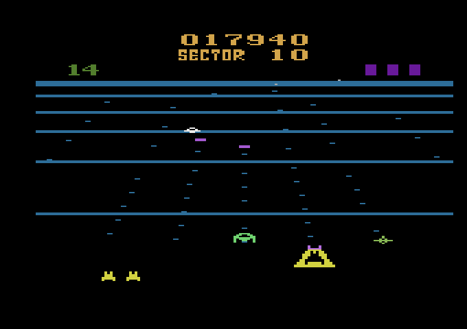 Beamrider Atari 2600 Screenshot: The green ship to my left sticks to the bottom of the screen for a short while...