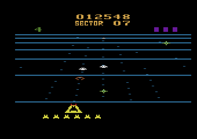 Beamrider Atari 2600 Screenshot: Avoid the green blockers...