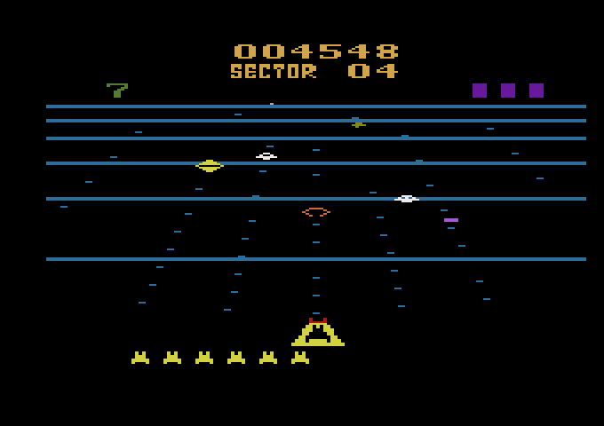 Beamrider Atari 2600 Screenshot: The chirper ships are harmless, but worth bonus points if you shoot them.