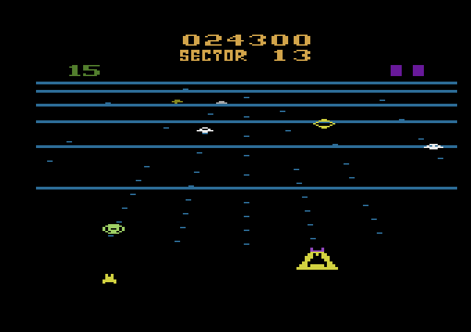 Beamrider Atari 2600 Screenshot: Attacking saucers...