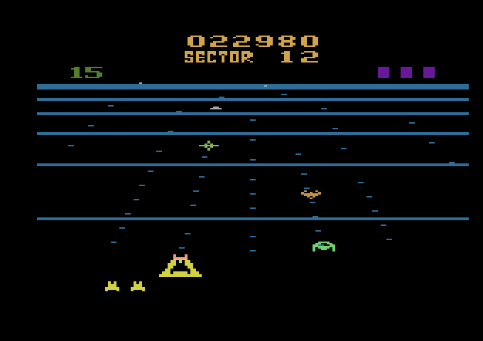 Beamrider Atari 2600 Screenshot: The orange ships track you from beam to beam.