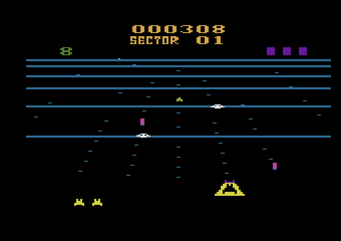 Beamrider Atari 2600 Screenshot: Collect the green rejeuvinator for a bonus life.