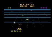 Beamrider for Atari 2600 - The green bouncer ships rapidly move from beam to beam.