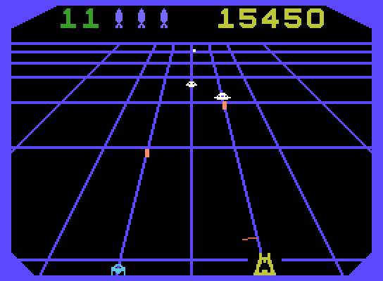 Beamrider ColecoVision Screenshot: Some enemies block the path along the bottom of the screen; don't crash into them...