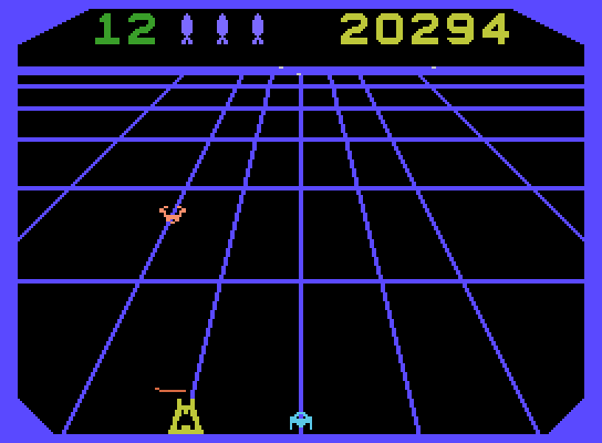 Beamrider ColecoVision Screenshot: The orange trackers can change beams; be on your guard!