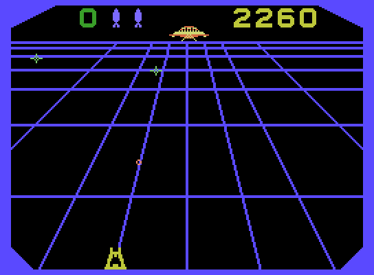 Beamrider ColecoVision Screenshot: A sentinal passes by at the end of each level; shoot it for extra points!