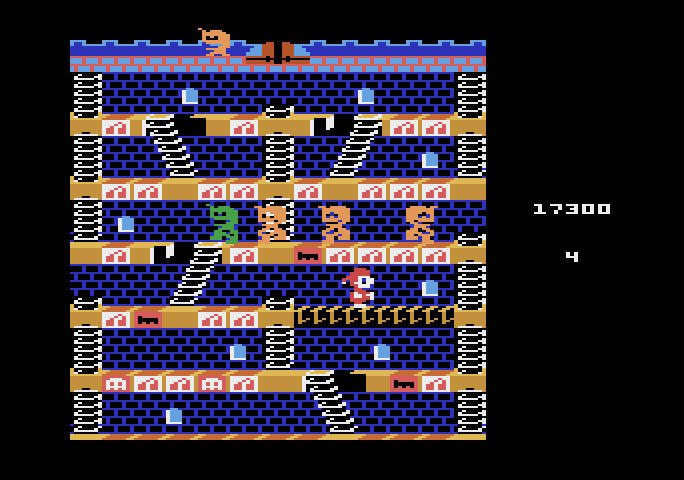 Mr. Do!'s Castle Atari 5200 Screenshot: Hit both skull blocks on a platform and a bridge is formed.