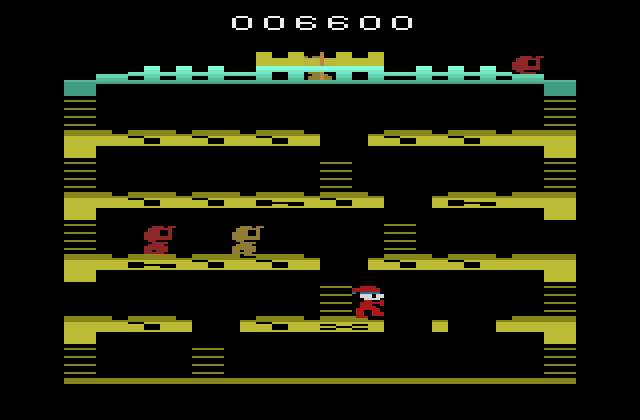 Mr. Do!'s Castle Atari 2600 Screenshot: Knocking out cherry blocks on the third level.