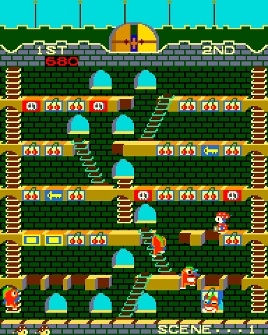 Mr. Do!'s Castle Arcade Screenshot: Crush unicorns with bricks...