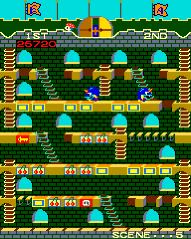 Mr. Do!'s Castle Arcade Screenshot: Scene 5; the last unicorn left will automatically turn into a blue unicorn.