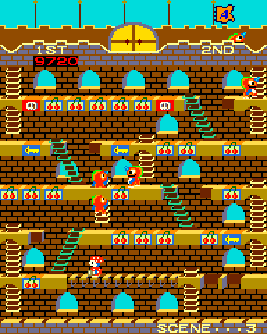 Mr. Do!'s Castle Arcade Screenshot: Hit both skulls to form a bridge.
