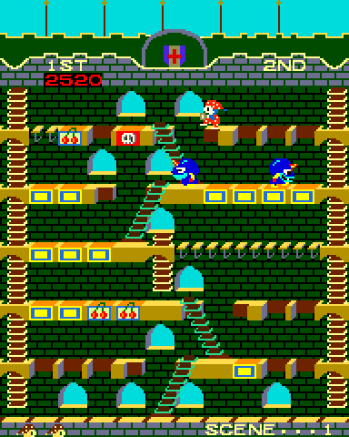 Mr. Do!'s Castle Arcade Screenshot: Blue unicorns have the ability to clone themselves...