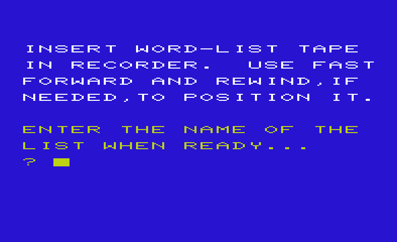 Super Hangman Commodore VIC-20 Screenshot: Loading a word list.