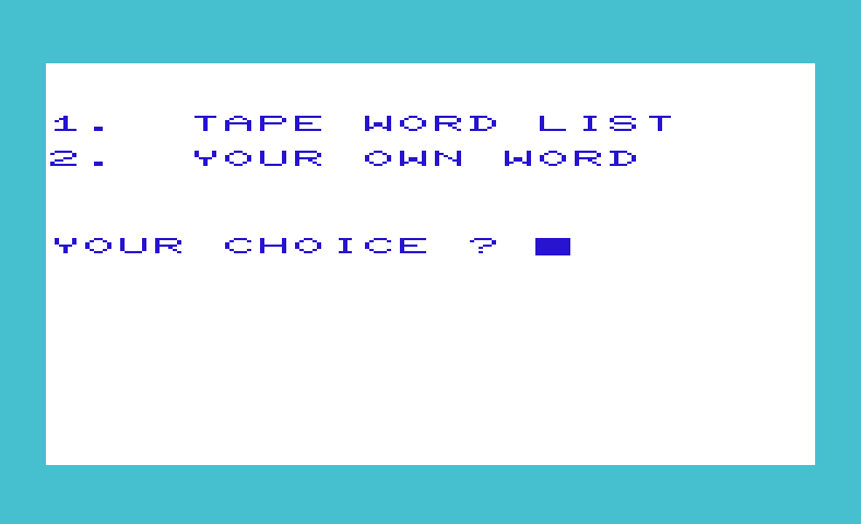 Super Hangman Commodore VIC-20 Screenshot: You can load an existing word list or use your own words.
