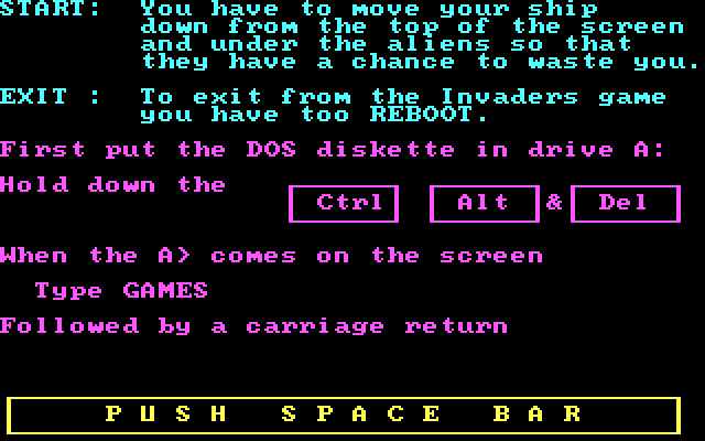 Space Games IBM PC/Compatibles Screenshot: Invaders: game instructions.