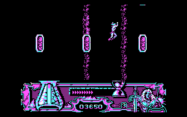 Satan IBM PC/Compatibles Screenshot: Leaping from pilar to pilar; don't fall!
