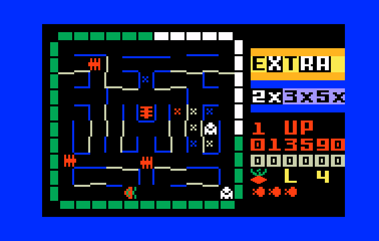 Lady Bug Intellivision Screenshot: Don't run into the skulls, they're deadly...