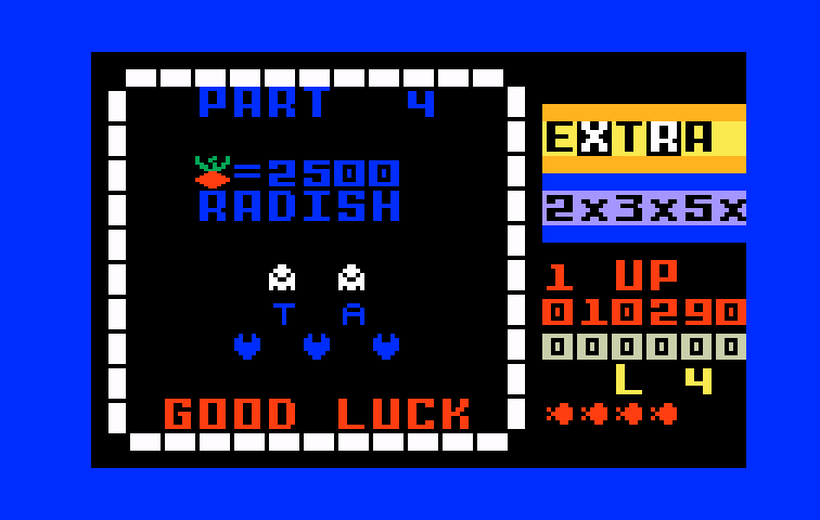 Lady Bug Intellivision Screenshot: The next level has a Radish as a bonus item.