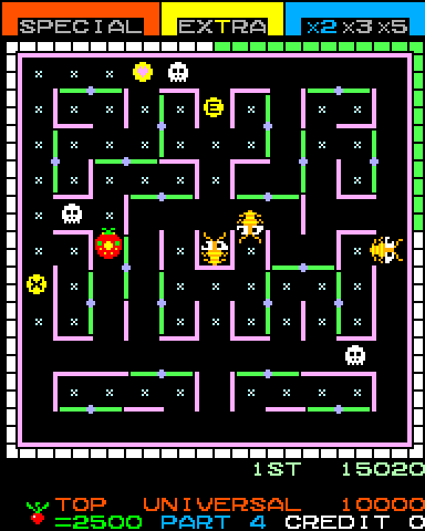 Lady Bug Arcade Screenshot: A new enemy appears each time the meter runs out.