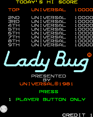 Lady Bug Arcade Screenshot: Press 1 player start to begin!