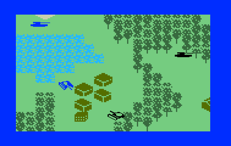 Armor Battle Intellivision Screenshot: Those crates are blocking the two tanks from attacking each other!
