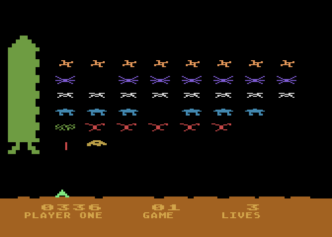 Space Invaders Atari 8-bit Screenshot: The invaders start a little lower on each new level.