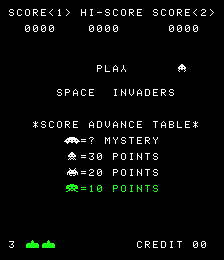 Space Invaders Arcade Screenshot: Sometimes the "Y" in Play appears upside down and invader fixes it...