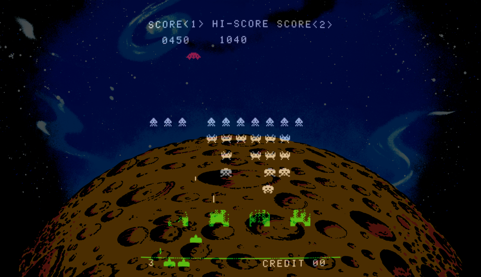 Space Invaders Arcade Screenshot: Only a few invaders left, so they begin to move faster...