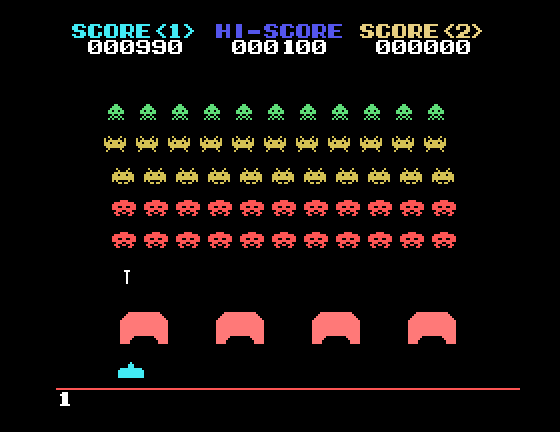 Space Invaders Sega SG-1000 Screenshot: Starting the second level.