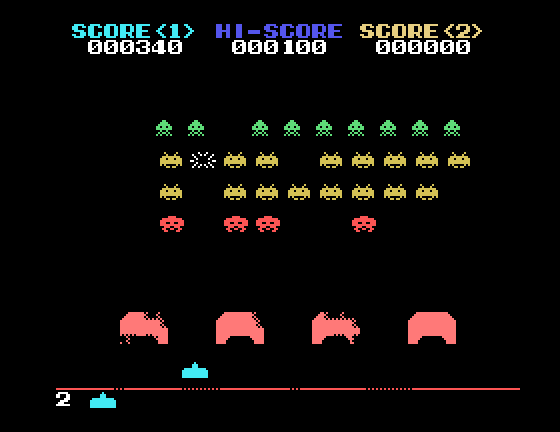 Space Invaders Sega SG-1000 Screenshot: One alien destroyed, more to go...