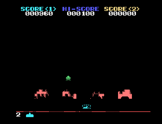 Space Invaders Sega SG-1000 Screenshot: The final alien...and I'm hit!
