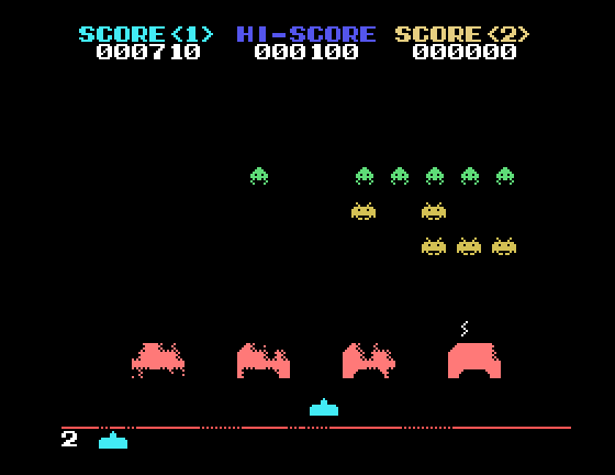 Space Invaders Sega SG-1000 Screenshot: Only a few aliens left...