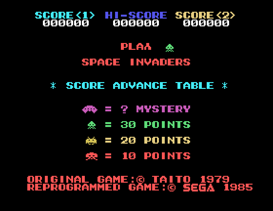 Space Invaders Sega SG-1000 Screenshot: Scoring information.