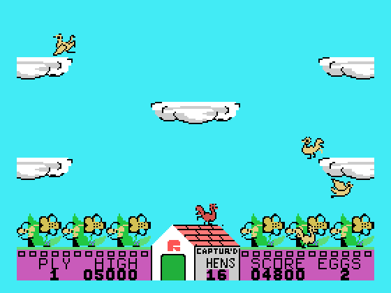 Hen Pecked TI-99/4A Screenshot: Standing on the hen house, ready to start...