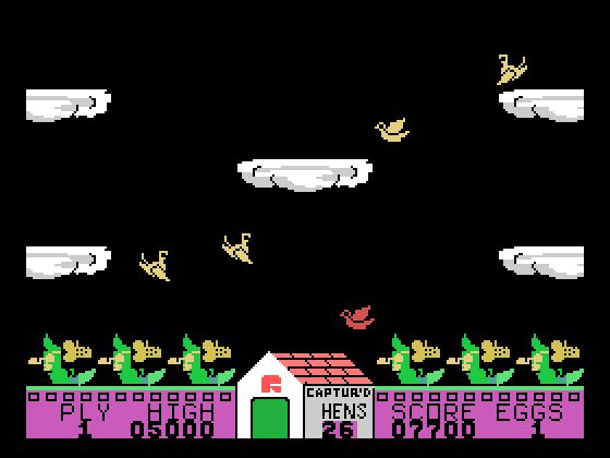 Hen Pecked TI-99/4A Screenshot: Fly above enemy hens to win in battle...